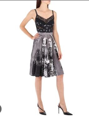 Burberry Black and White Polka Dot Lace Midi Dress with Victorian Photo Pleats